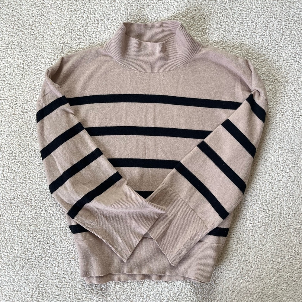 VILA MILANO Striped Sweater Neutral Tan Black Mock Neck Minimalist Classic Soft